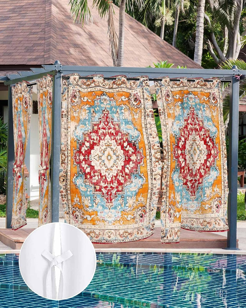 Outdoor Curtains , Red Orange Boho Waterproof Blackout Outside Curtain for Porch/Pergola/Gazebo, Ethnic Tribe