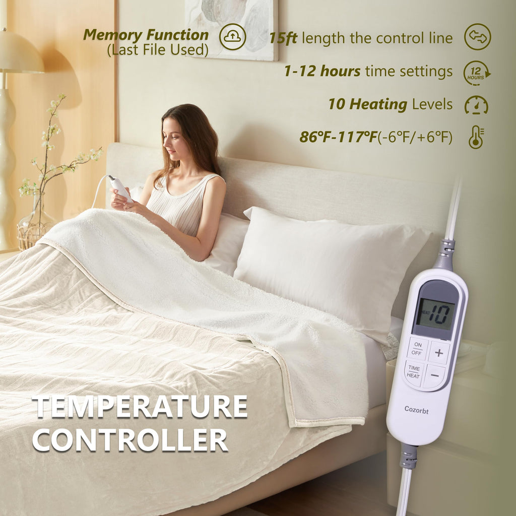 Heat Blanket 62"x84", Soft Flannel & Sherpa Reversible Electric Blanket with 10 Heat Settings, 12 Timer