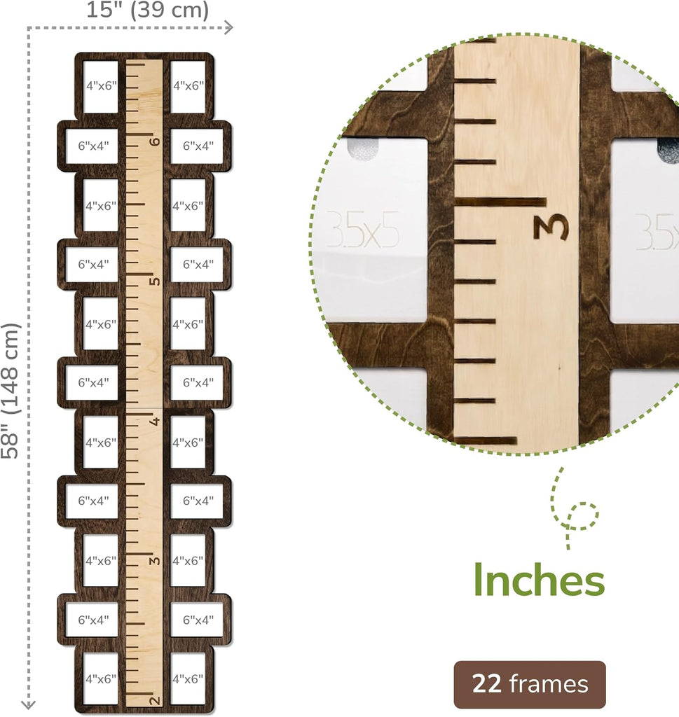 Wooden Growth Chart for Kids with 22 3.5"x5" Photo Frames, 58x15 Inch Height Chart for Wall, Inch Measurement Ruler