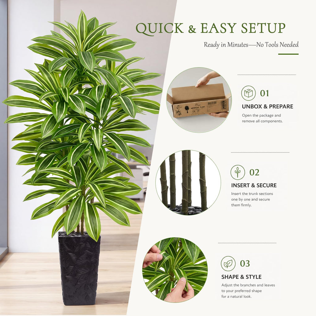 Dracaena Tree, 6FT Fake Tree with Black Tall Planter