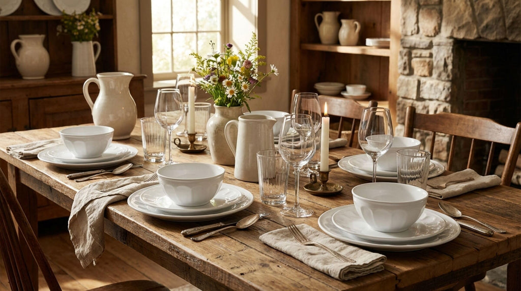 And Floyd Everyday Vintage Scalloped Porcelain 12 Piece Dinnerware Plate Bowl Set, Service for 4