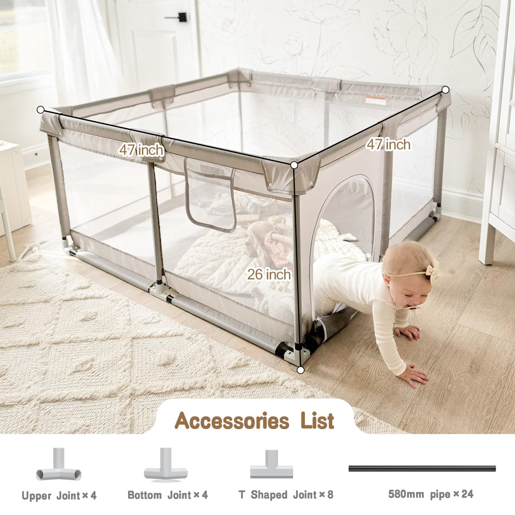 47x47in Baby Playpen with mat, Play Yard for Babies Toddlers, Grey