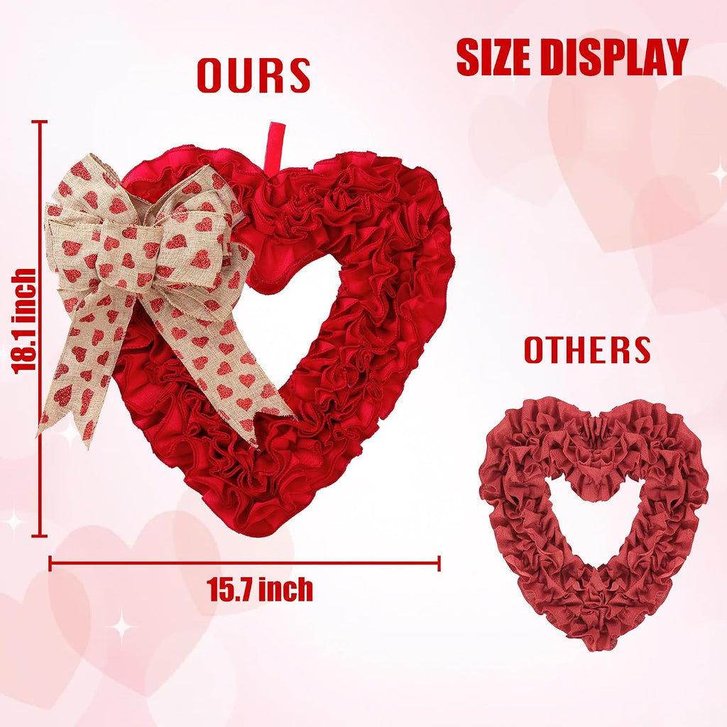 17.3'' Heart Wreath Red Burlap Heart Shaped Ornaments with Heart Pattern Bows for Front Door Wedding Party Decorations