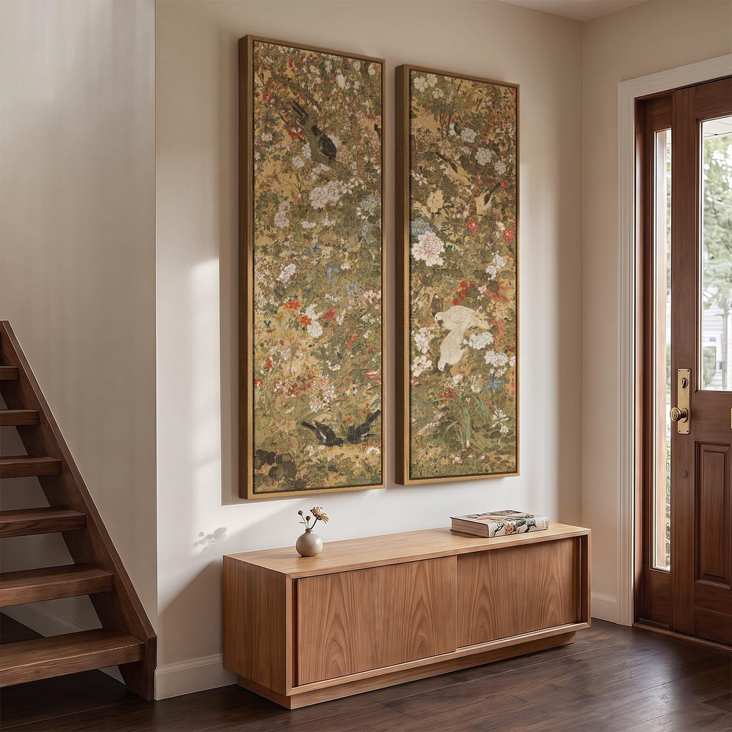 Framed Vintage Long Narrow Chinoiserie Wall Art, 60x20 Inch