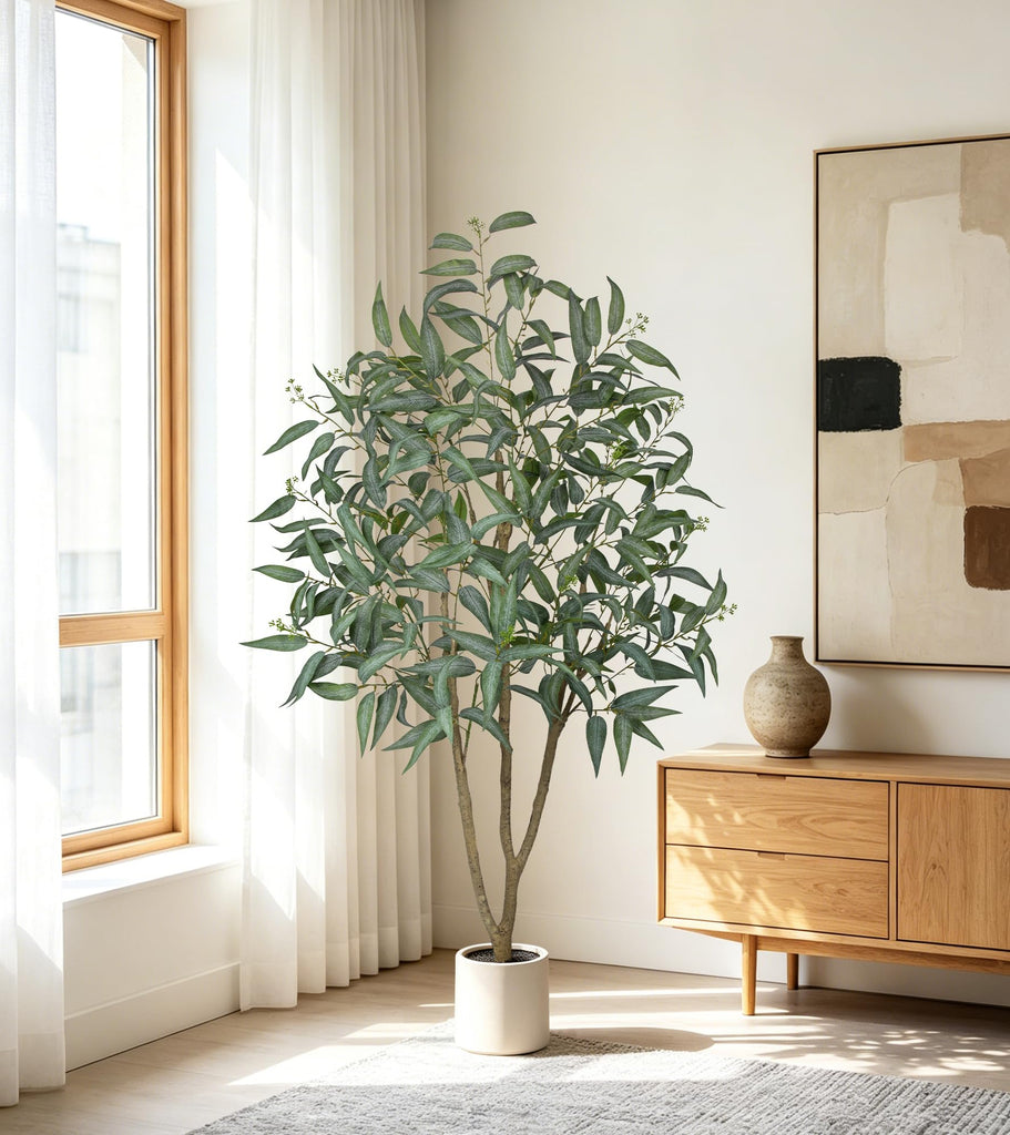 Eucalyptus Trees Artificial Indoor - 2PCS 5FT Tall Faux Eucalyptus Plants in White Planter, Fake Plant Décor for