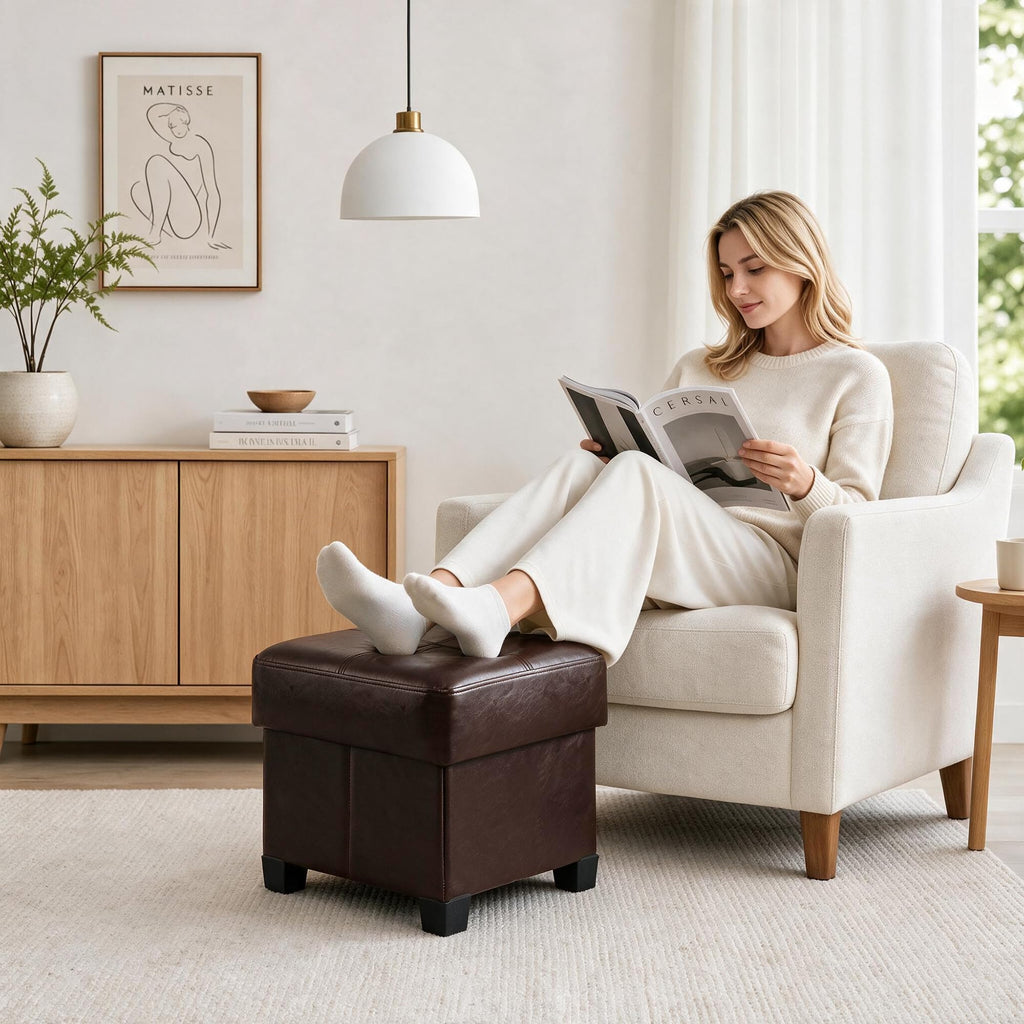 Square Storage Ottoman, Cube Ottoman with Legs, Leather Foot Stool