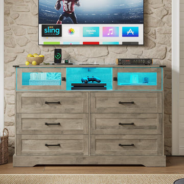 6 Drawer Dresser with LED Lights and Charging Station, Farmhouse Chest of Drawers Closet Organizer, Clothes Storage