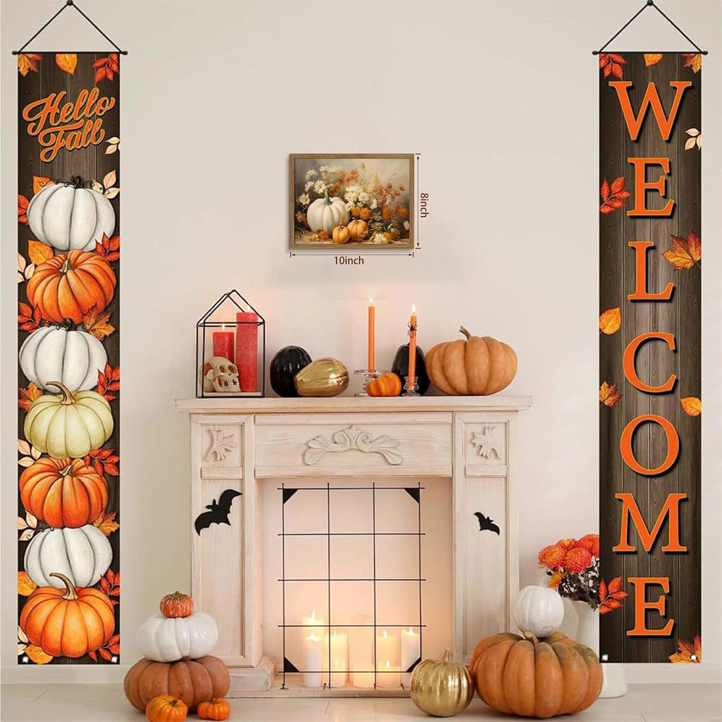 Framed Fall Pumpkin Wall Art - White Pumpkin and Autumn Floral Canvas Print, Rustic Farmhouse Harvest Halloween