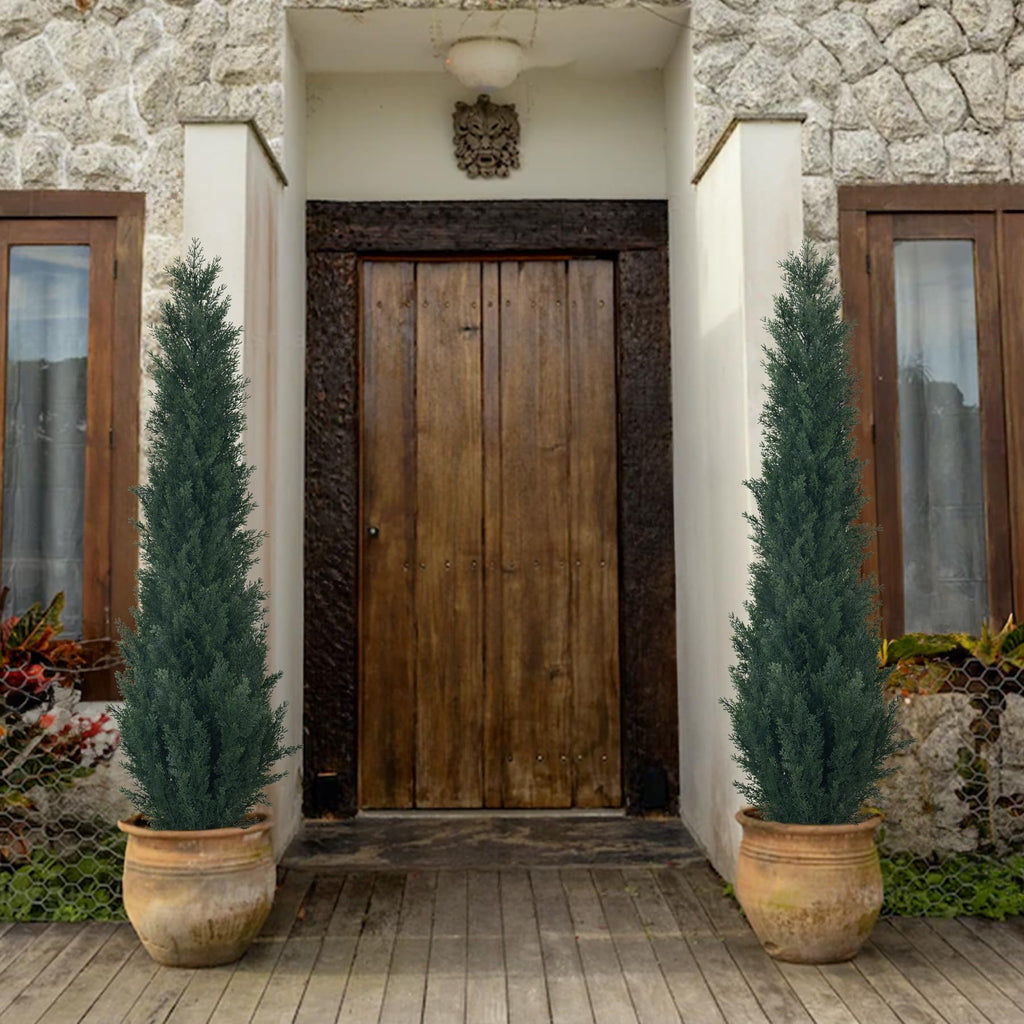 2 Packs 5ft Artificial Cedar Topiary Trees - Fake Boxwood Topiary Cypress Trees Potted Plants, Artificial Plants