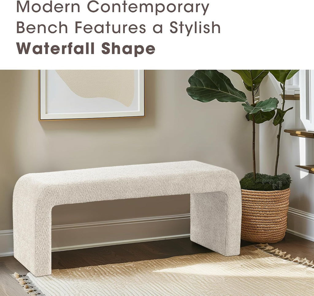 Steve Entryway Accent Bench Padded, Cozy Plush Boucle Upholstered Bench , Modern Curved Corner Compact Bed End Bench