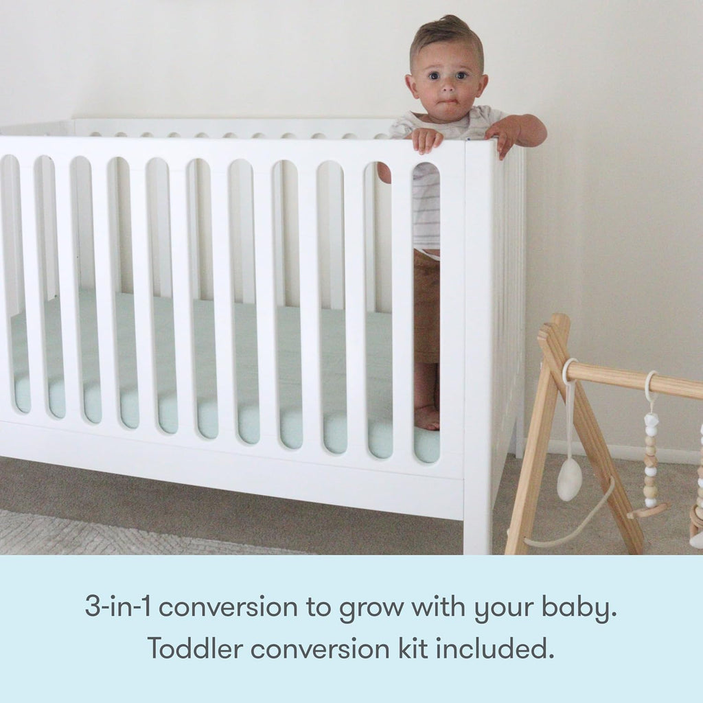 Galileo Standard Crib, Solid Beech Wood in White Color, 3-in-1 Convertible Crib with Toddler Bed Conversion Kit