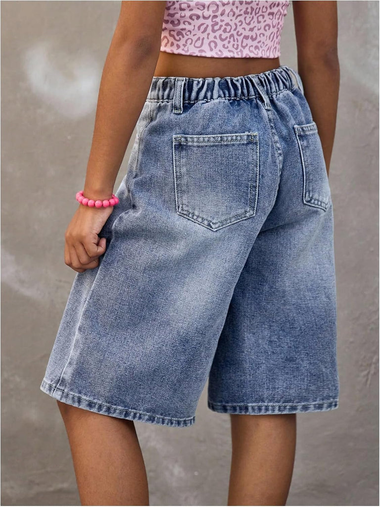 Girl's Baggy Jorts Elastic Waist Wide Leg Bermuda Denim Shorts
