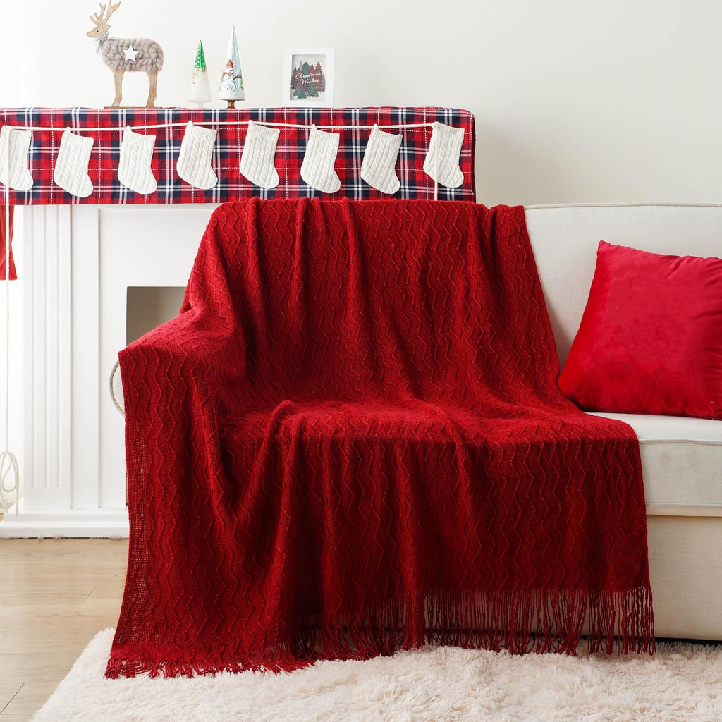 Christmas Red Throw Blanket for Couch, Textured Soft Burgundy Throw Blankets, Decorative Knitted Red Blanket for Sofa