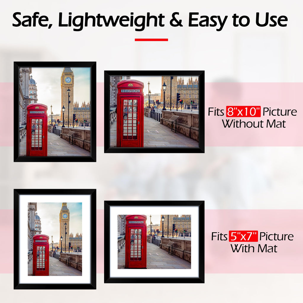 8x10 Picture Frame Set of 8, Black Photo Frames for Tabletop or Wall Display, Fits Pictures 5x7 with Mat or 8x10