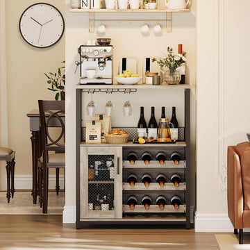 Industrial Wine Bar Cabinet - Adjustable Wine Rack, Glass Holders, Compact Sideboard , Removable 3-Tier Storage