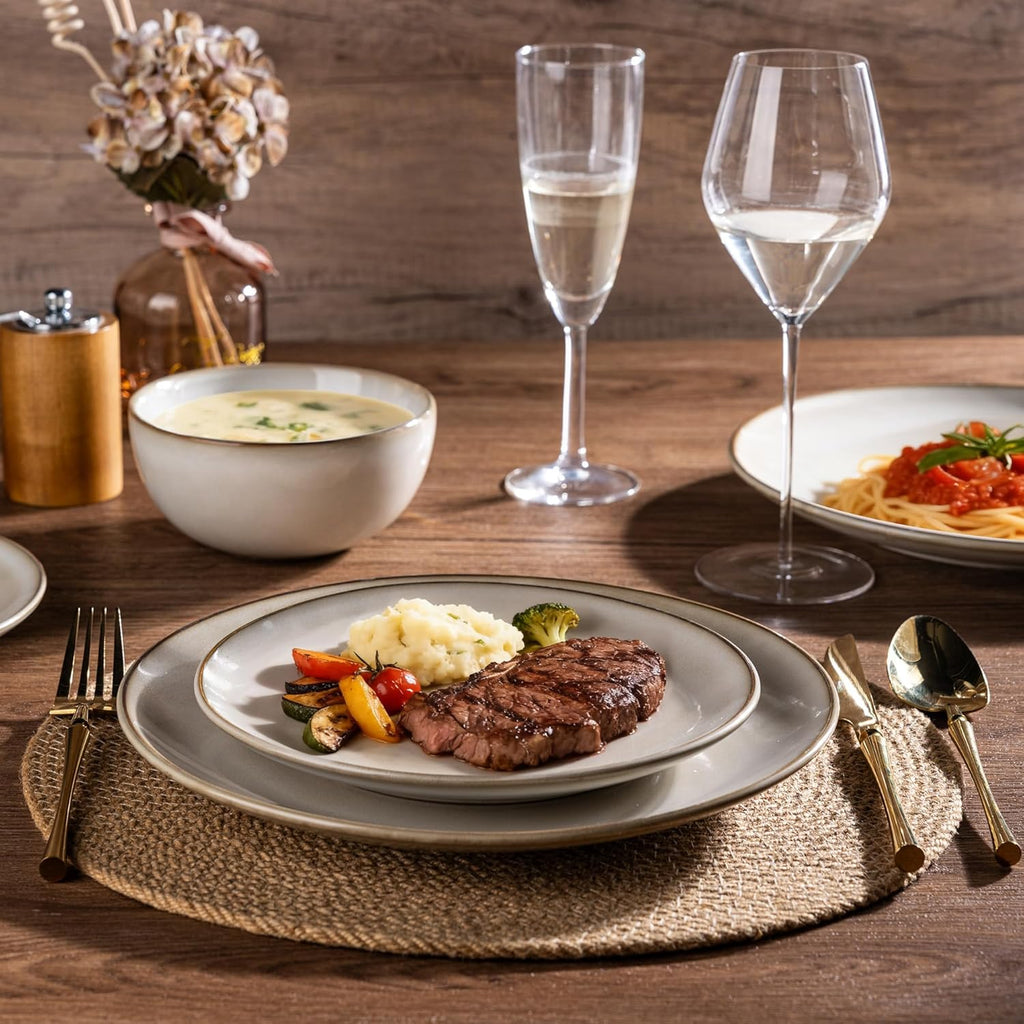 Ceramic Dinnerware Sets for 4, 12 Pieces Handpainted Stoneware Plates and Bowls Set, Scratch Resistant Dishes Set