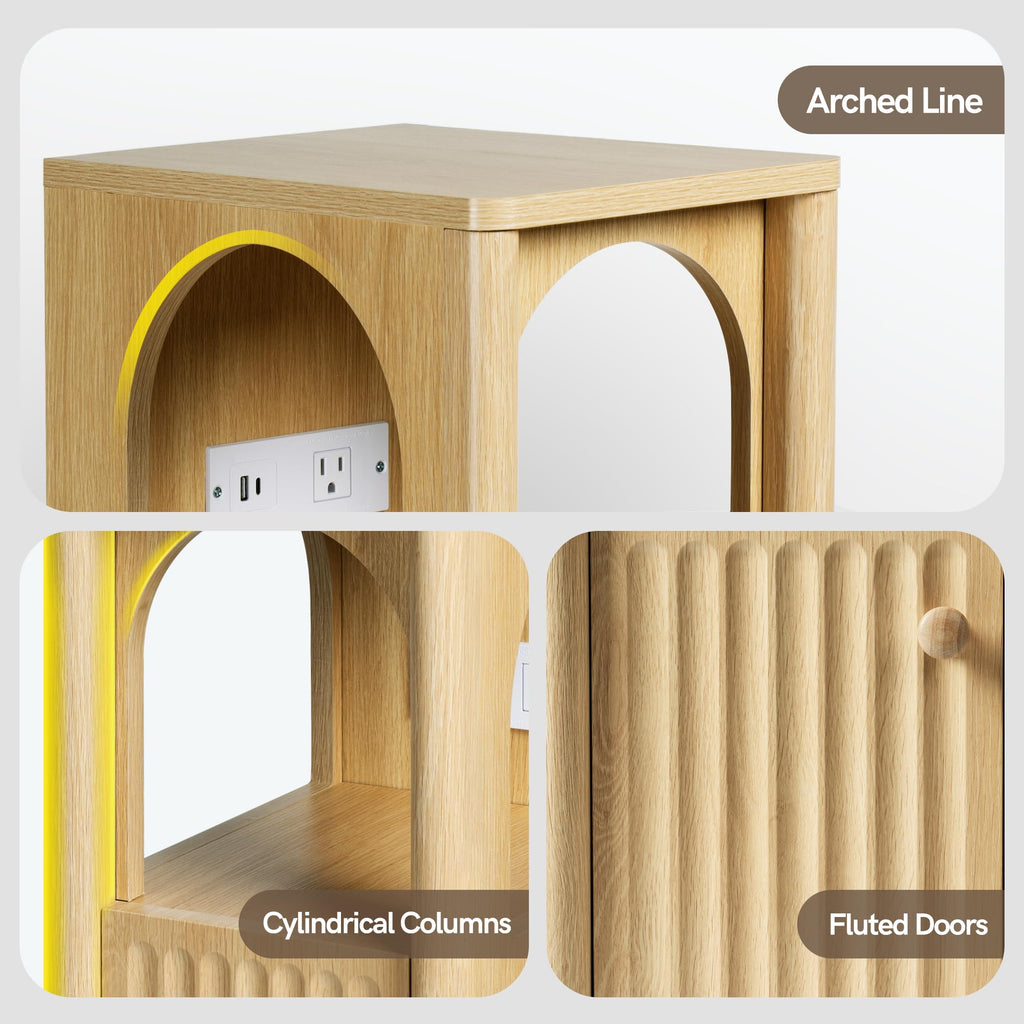 Narrow Nightstand with Charging Station, Slim Wood Bedside Table