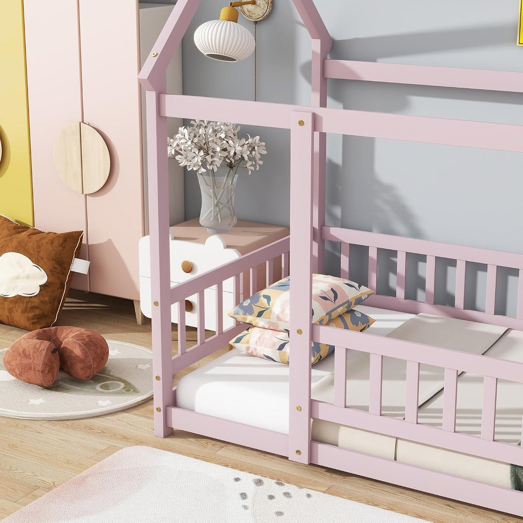 Montessori Floor Bed, White Wooden Canopy Bed, Pink