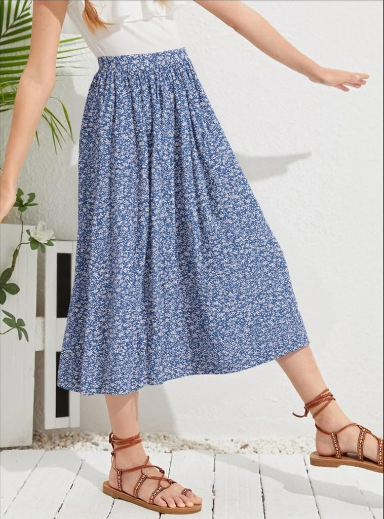 New Girls Floral Maxi Skirt Boho Flowy A-Line Summer Midi Skirt with Elastic Waist