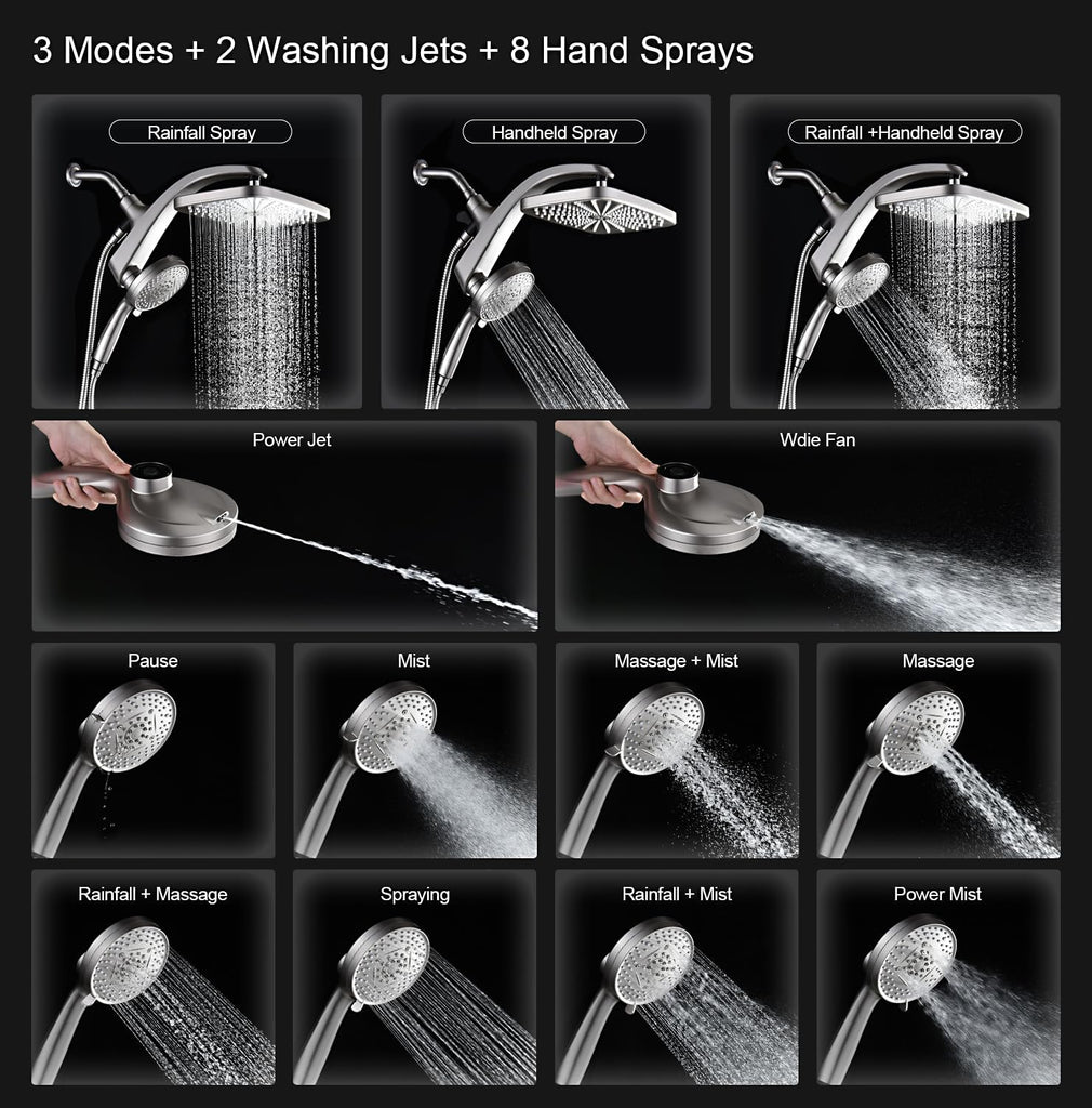 High Pressure Rain Shower Head: Upgrade Shower Heads with Handheld Spray Combo with Fixed Showerhead and 10 Sprays