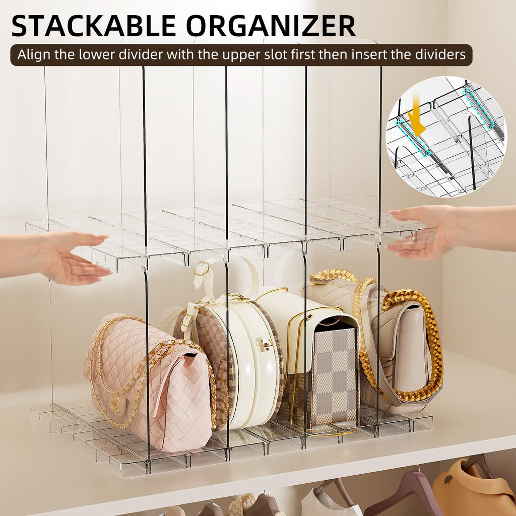 Stackable Purse Organizer for Closet, Adjustable Closet Purse Organizer, Clear Acrylic Shelf Dividers, Detachable