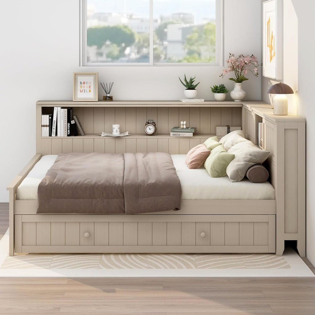 Full Size Daybed with Trundle and Shelves, Wood Corner Bed Frame with Bookcase and Headboard