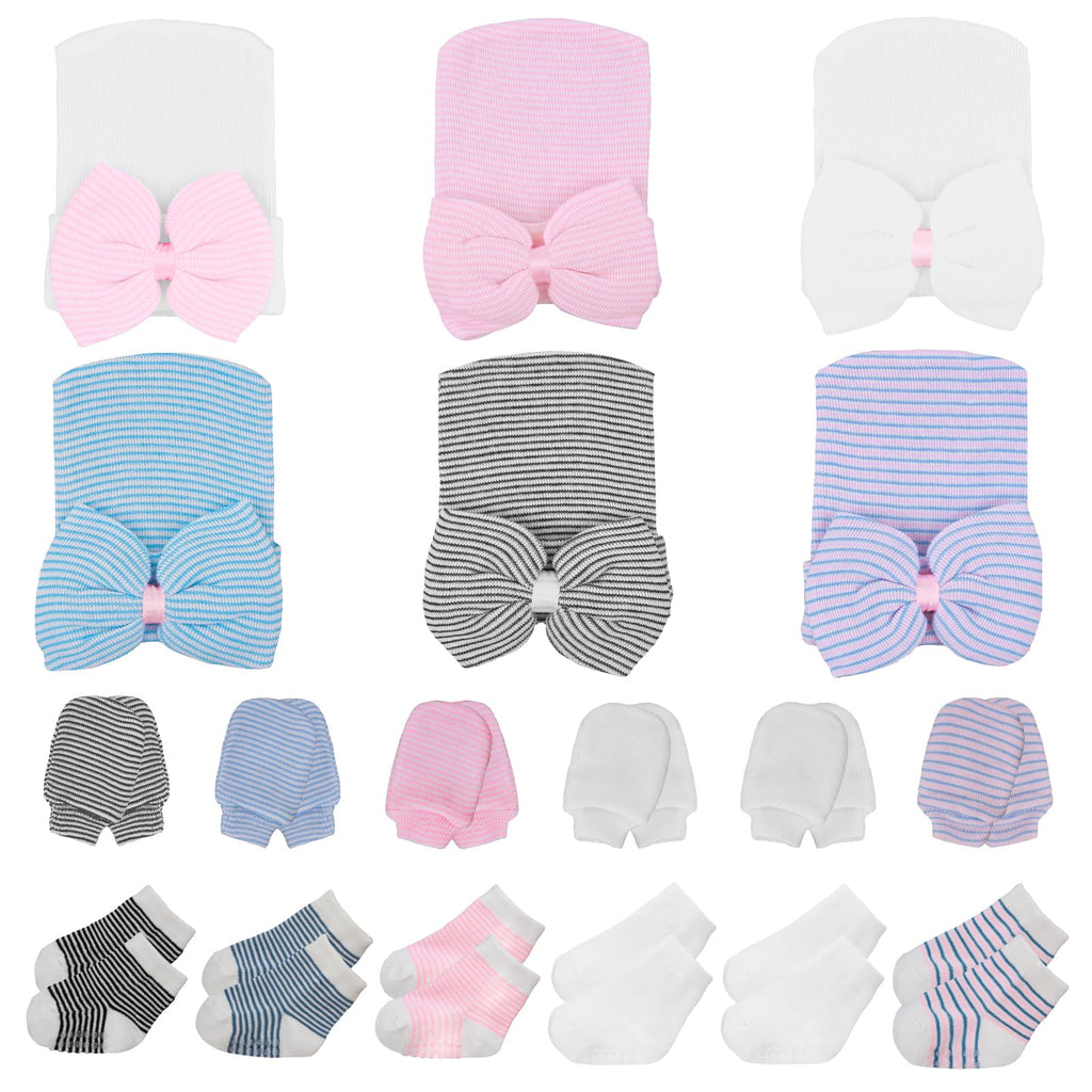 Newborn Baby Girl Hats Mittens and Baby Grip Socks Set Bows Caps Beanies Baby Non Slip Socks Cotton Gloves for