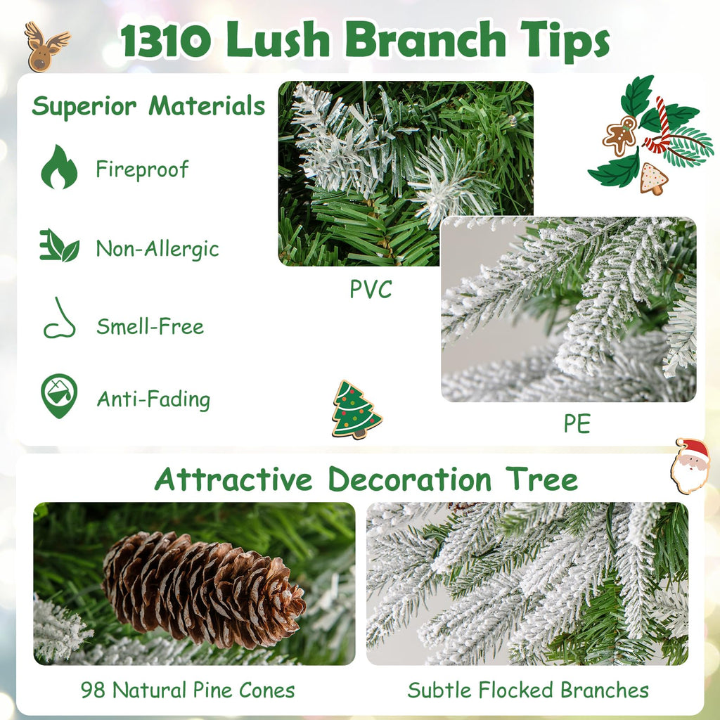 9 FT Pre-lit Flocked Pencil Christmas Tree, Hinged Artificial Xmas Tree with 1310 PE PVC Branch Tips, 470 Warm White