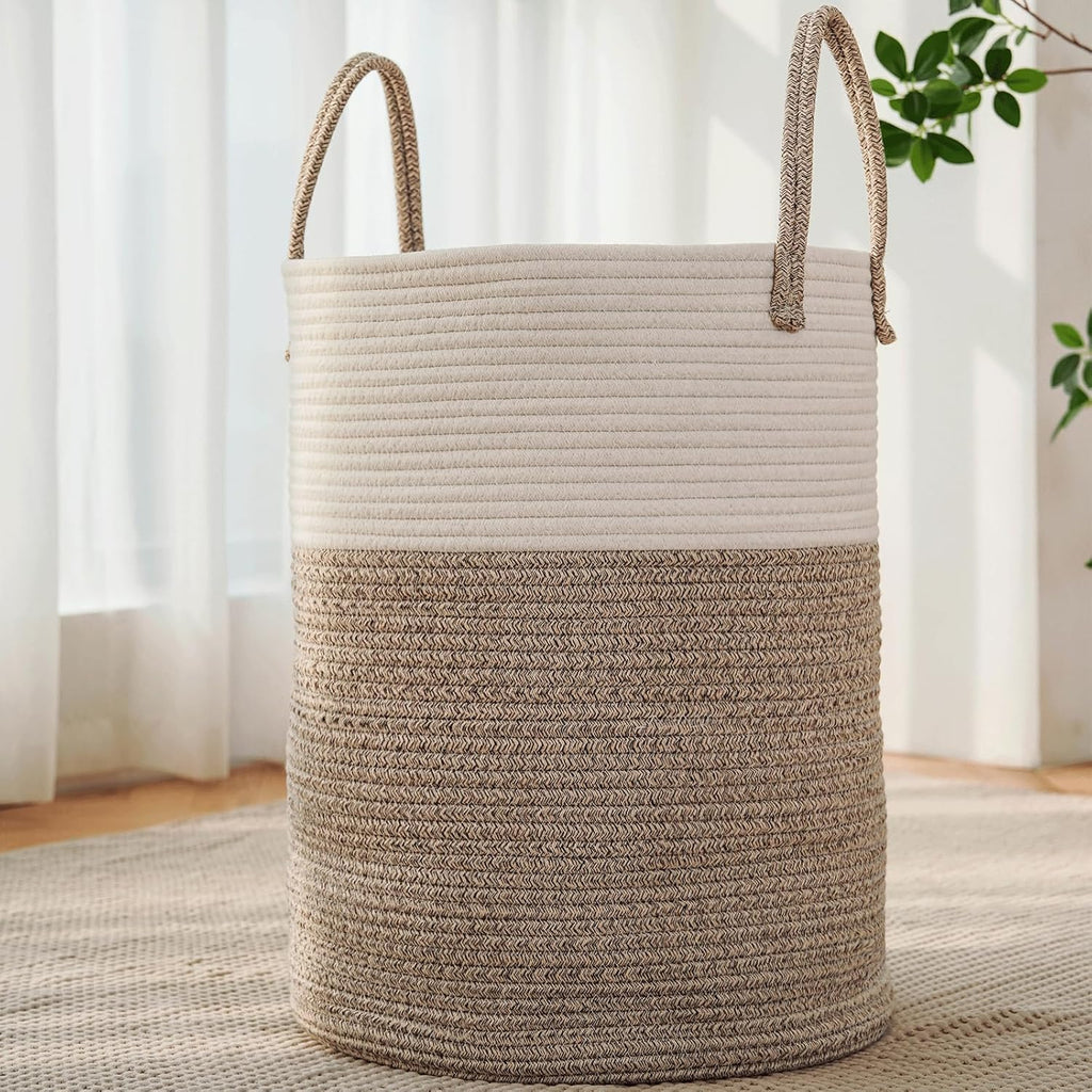 100L Cotton Rope Laundry Basket Hamper, Brown | Collapsible Laundry Basket, Reinforced Handles, Freestanding, Machine