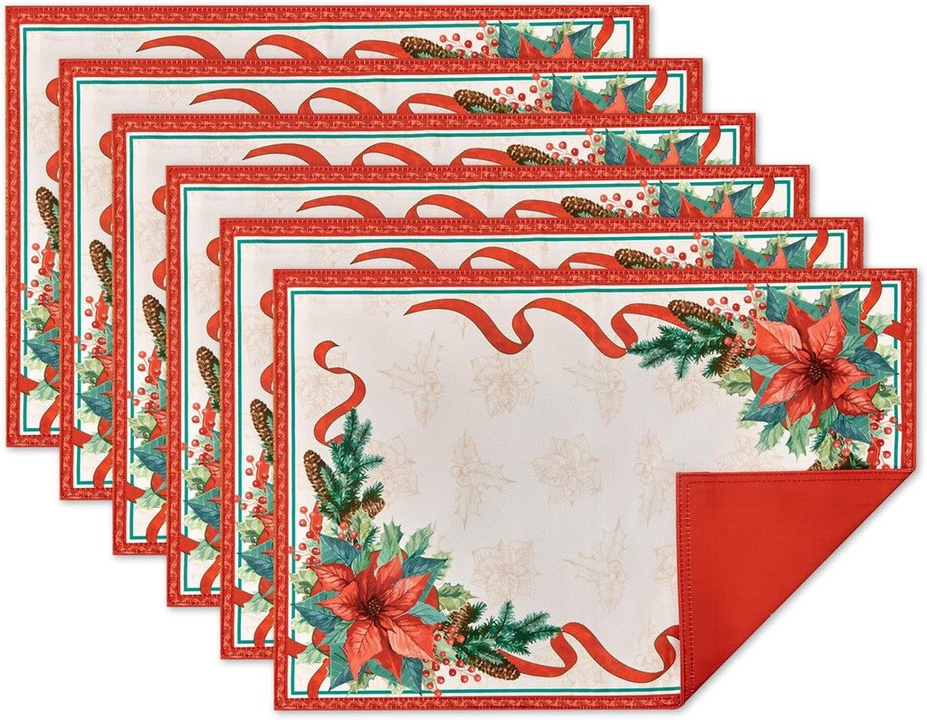 Poinsettia Ribbon Engineered Printed Fabric Christmas Tabletop for Xmas Winter Holiday, Christmas Time - 13 x 19