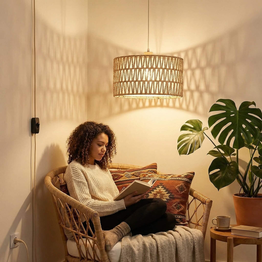 Boho Plug in Pendant Light, Handwoven Shade, 3 Way Bulb, 14ft Cord
