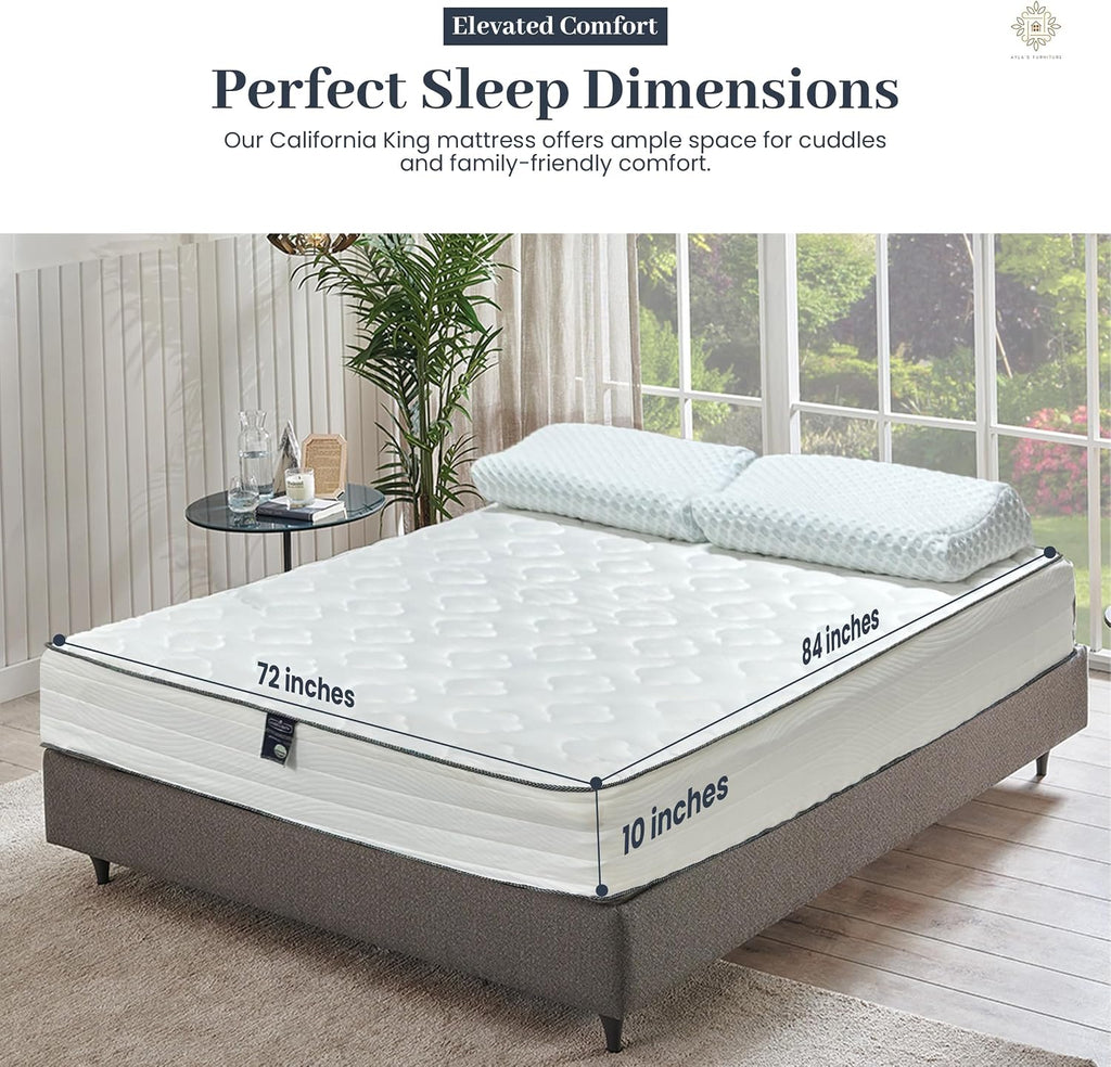 California King Mattress 10 Inches White - Pocketed Coil Euro Top Cool Memory Foam Hybrid Mattress Breathable Cover