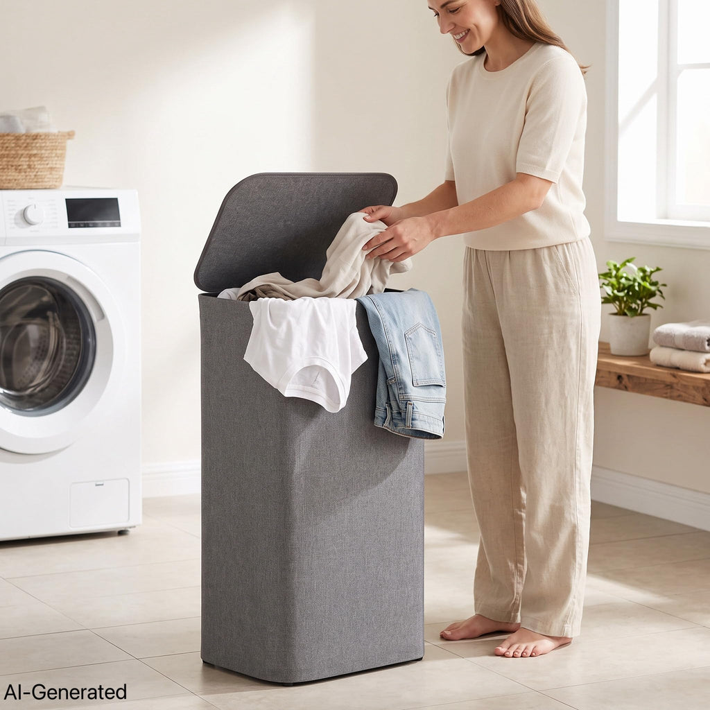 100L Laundry basket Hamper with Lid & Removable Mesh Bag, Grey