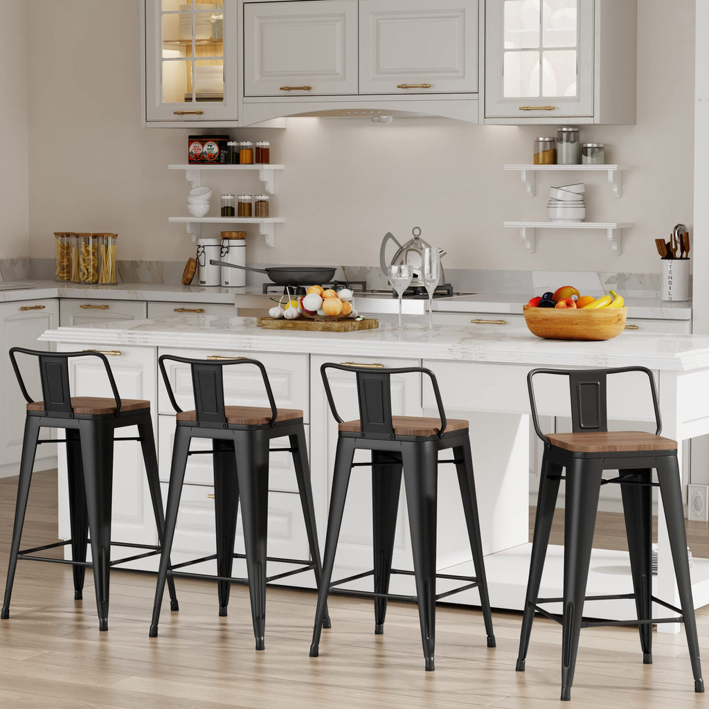 30 Inch Bar Stools Set of 4 Industrial Metal Barstools Bar Height Bar Stool with Backs Kitchen (30 inch, Black)