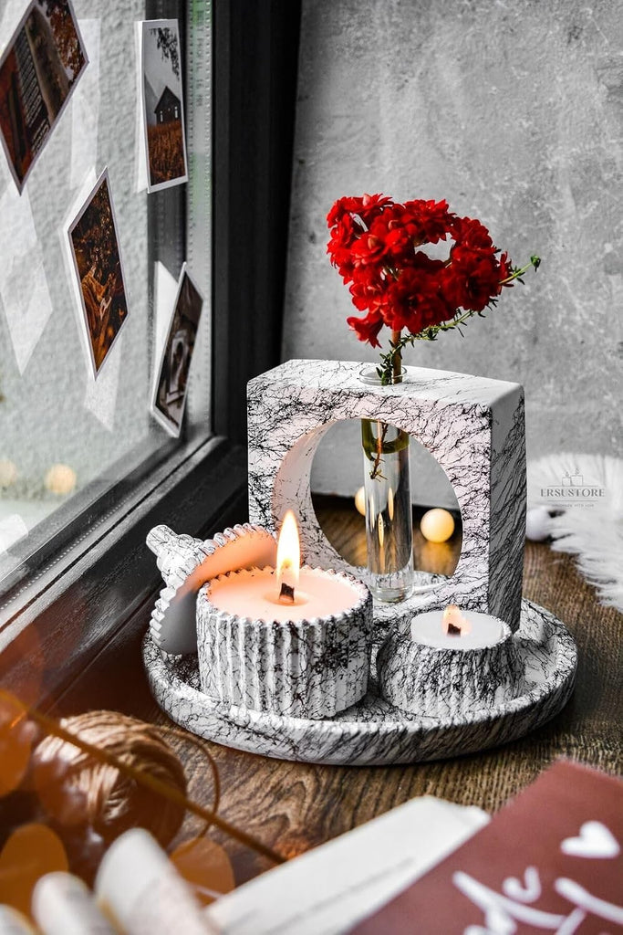 5 Piece Marble Pattern Decorative Concrete Vase & Vanilla Scented Soy Wax Candle Holder Set with Tray - Square Vase