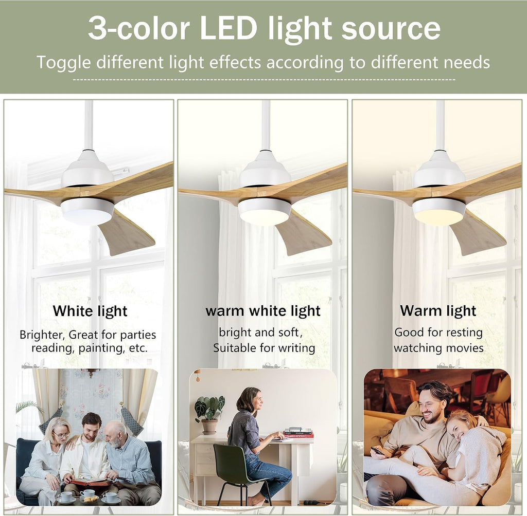 52 Inch Wood Ceiling Fan with Light and Remote - Quiet Reversible DC Motor, 6 Speed - White & Natural Wood