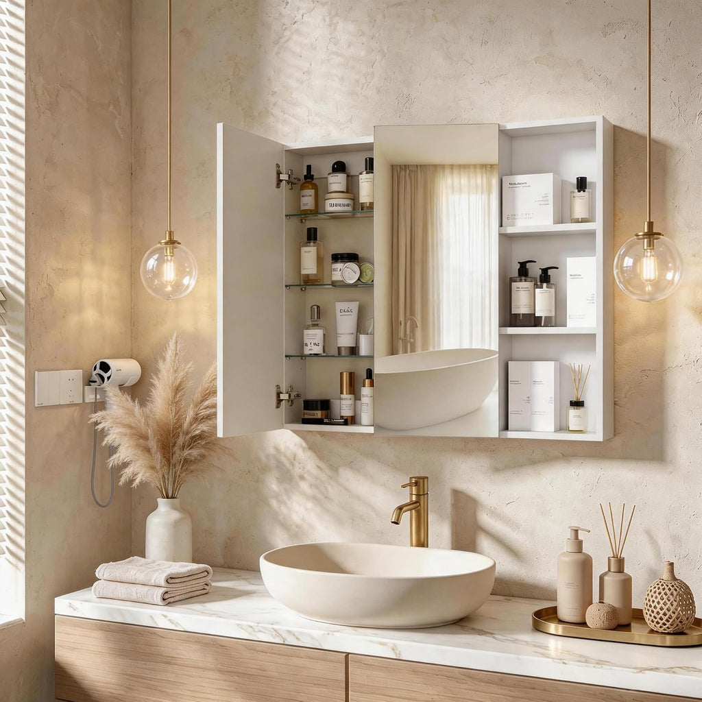 Double Door Medicine Cabinet Mirror, Wall Mount Bathroom Cabinet | Double Door Modern Surface Mount Medicine Cabinet
