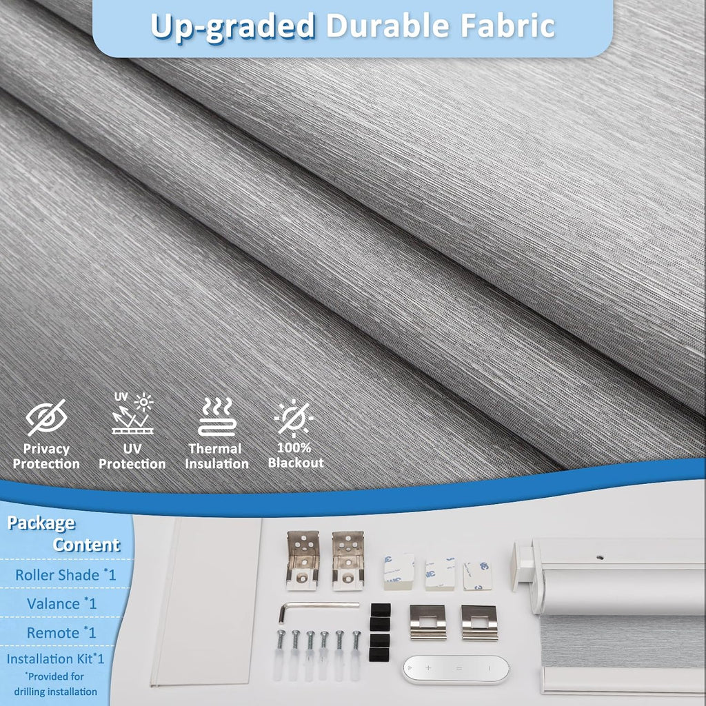 Smart Motorized Blinds with Remote, Cordless No-Drill Automatic Roller Shades, Blackout Electric Blind for Windows