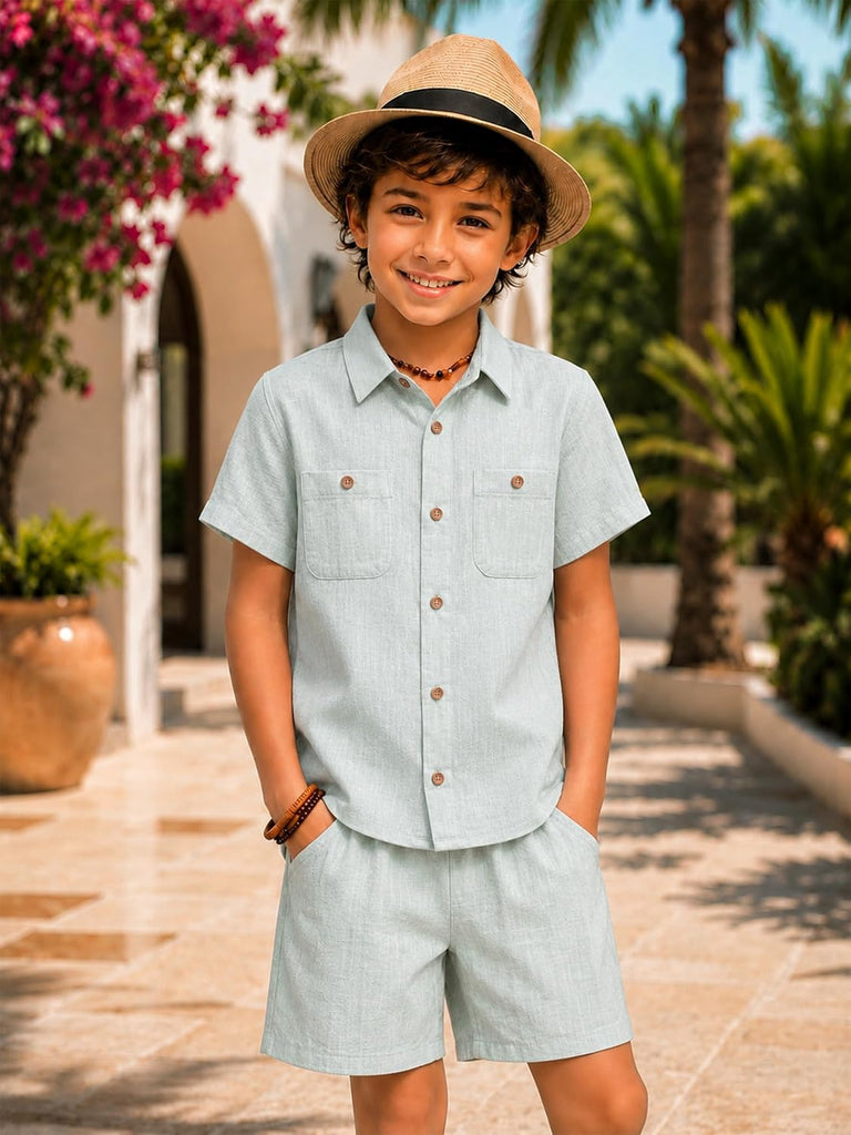 Boys 2 Piece Summer Outfits Beach Button Down Shirt Shorts Set