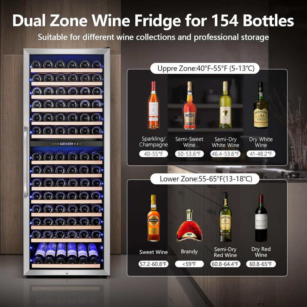 Wine Fridge Freestanding Dual Temperature Zone, Wine Cooler Refrigerator for 154