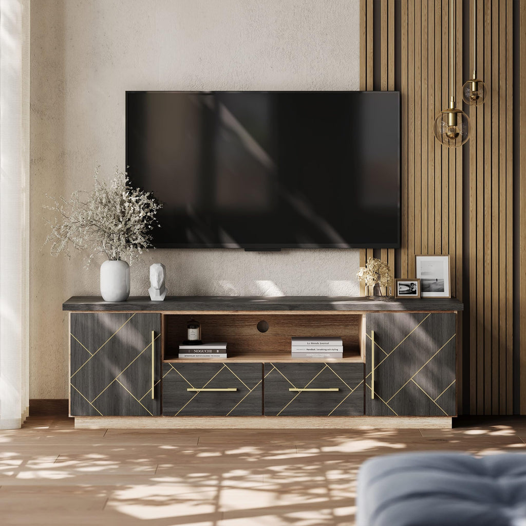 70 Inch Modern TV Stand with Gold Trim, Elegant Entertainment Center with Storage, Media Console Table with Drawers &