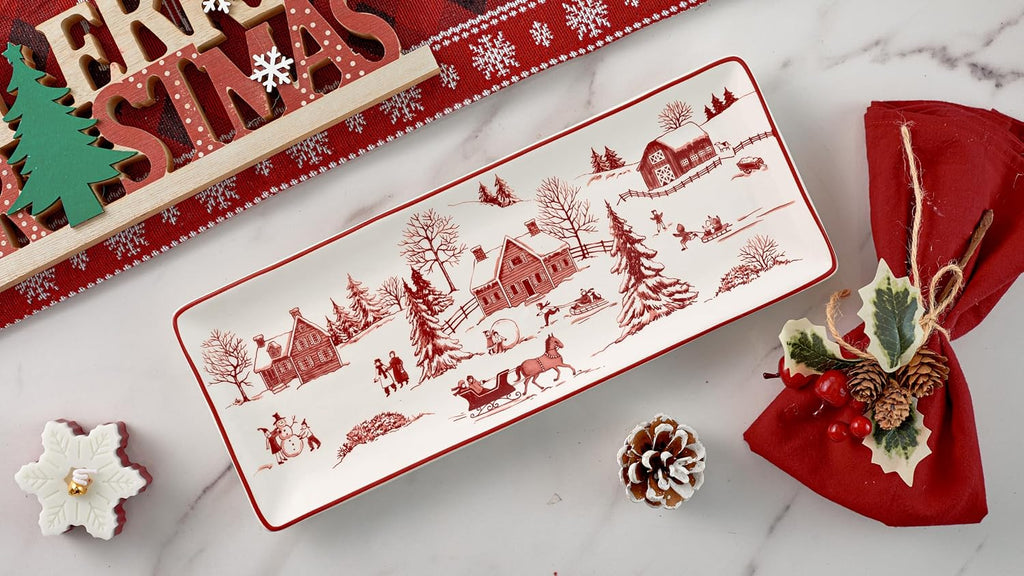 Toile De Jouy Winter Wonderland Ceramic Rectangular Serving Platters Set of 2, 14 Inch, Microwave & Dishwasher Safe