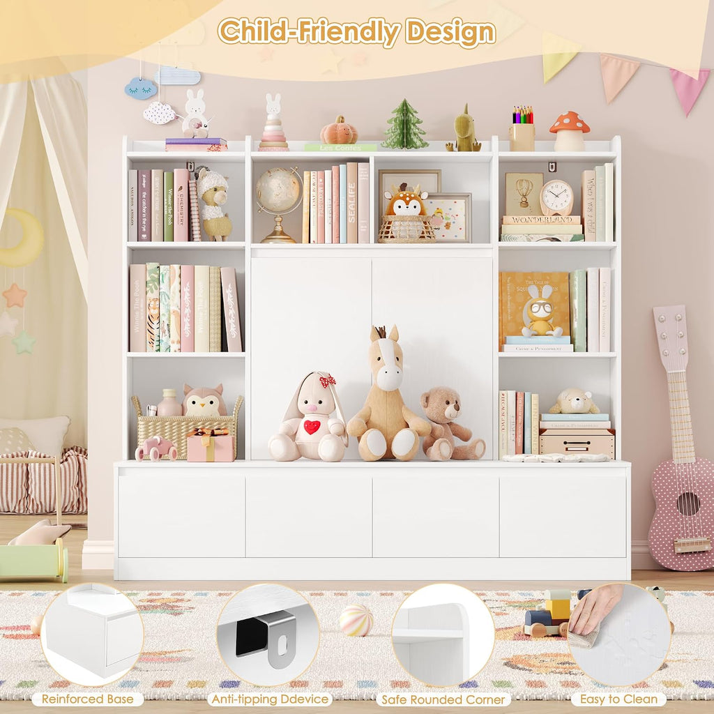 54" W Kids Bookshelf and Toy Storage Organizer Cabinet w/Reading Nook Bench | Kids Bookcase with 10 Storage Cubes & 4