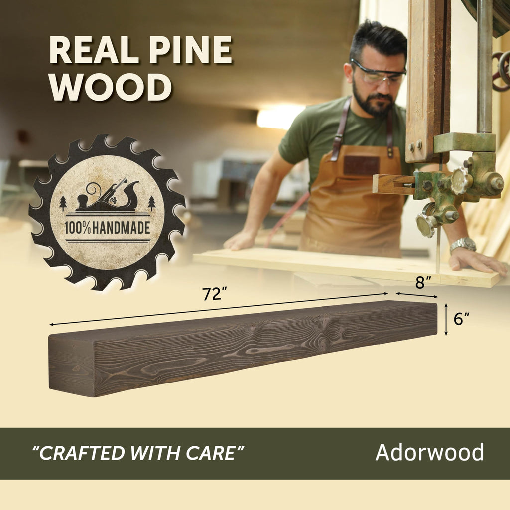 Handmade Rustic 72 Inch Fireplace Mantel Shelf, Smoke Gray 8Dx6H