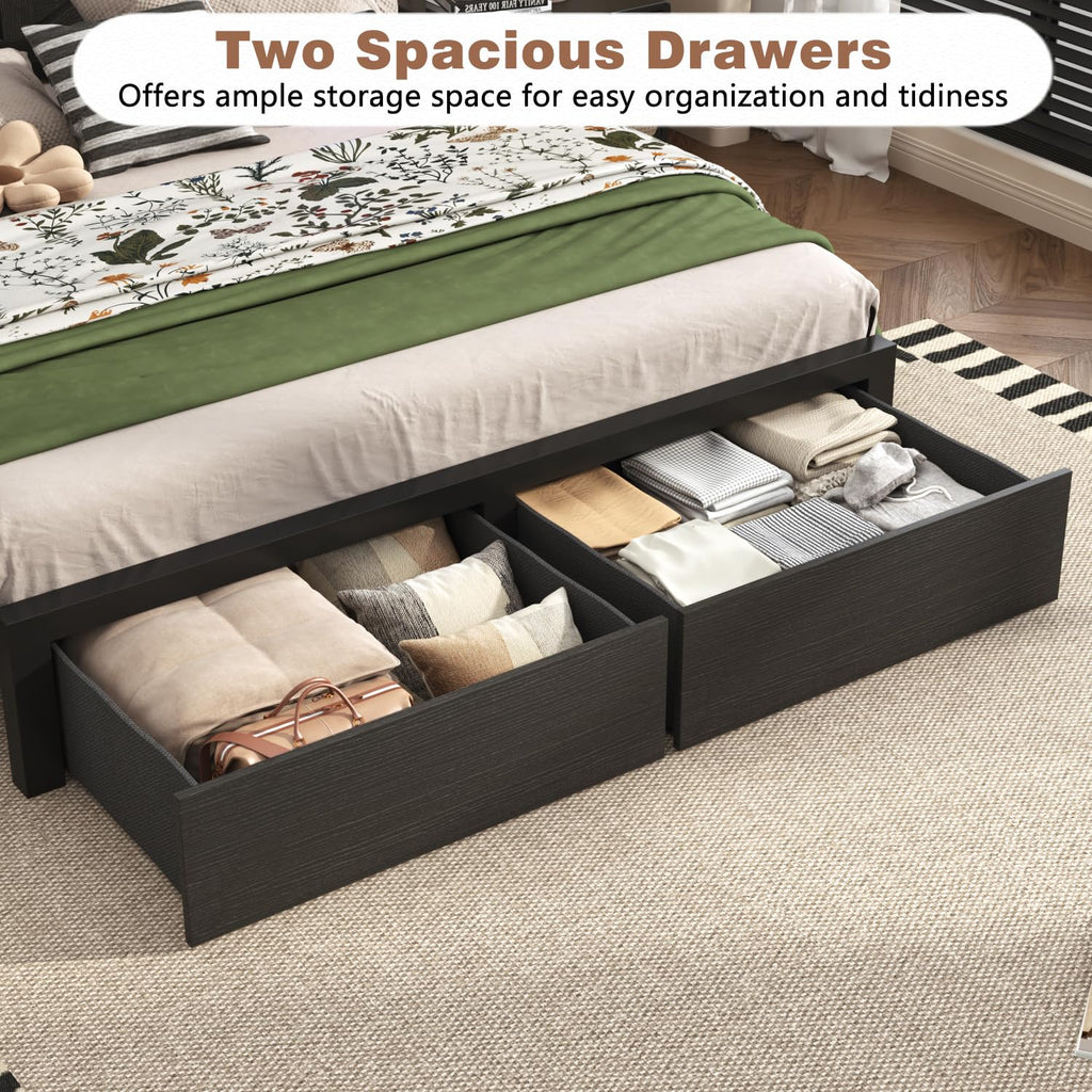 Farmhouse Bed Frame with Bookcase Storage Headboard, Charging Station, LED Light and 2 Storage Drawers, Noise