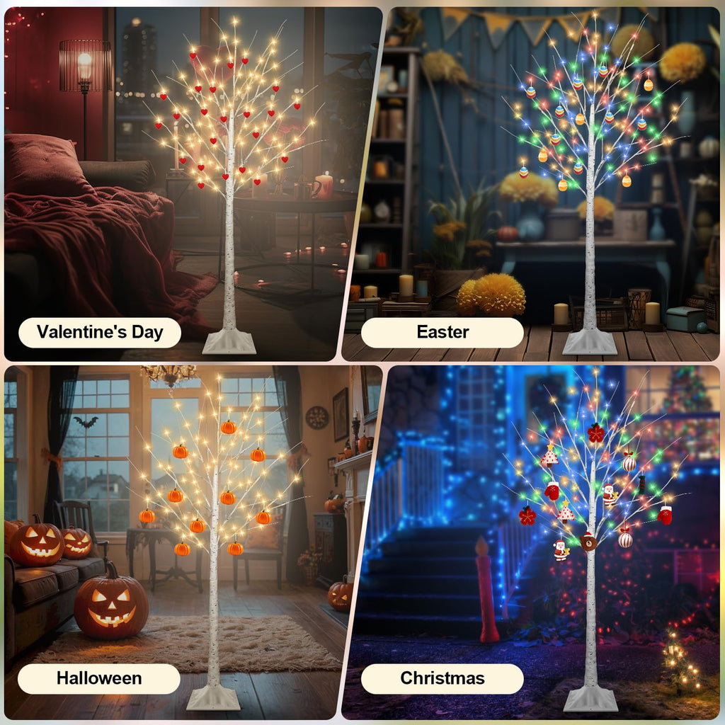 5FT Lighted Birch Tree with 90 LED Warm White and Multicolor Lights, 8 Modes, Timer Remote Faux Prelit Twig Christmas