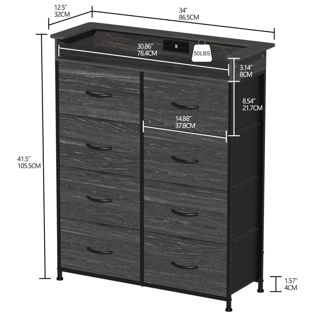 Fabric Dresser with LED Light and Charing Station Tall Dressers with 8 Drawers Black Dresser & Chest of Drawer for