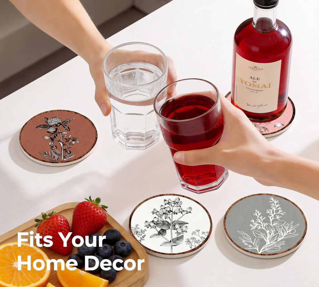 Boho Botanical Art Drink Coasters Set of 6, Round Absorbent Ceramic Coaster, with Metal Holder and Cork Base, Rustic