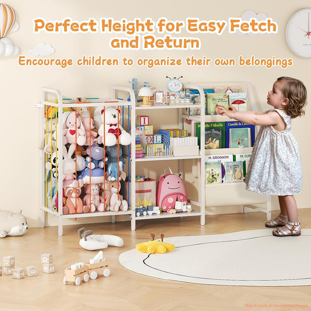 B1 Kids Bookshelf and Toy Storage, Book Shelf for Kids Rooms White | 3-Tier Sling Baby Bookcase with Stuffed Animal