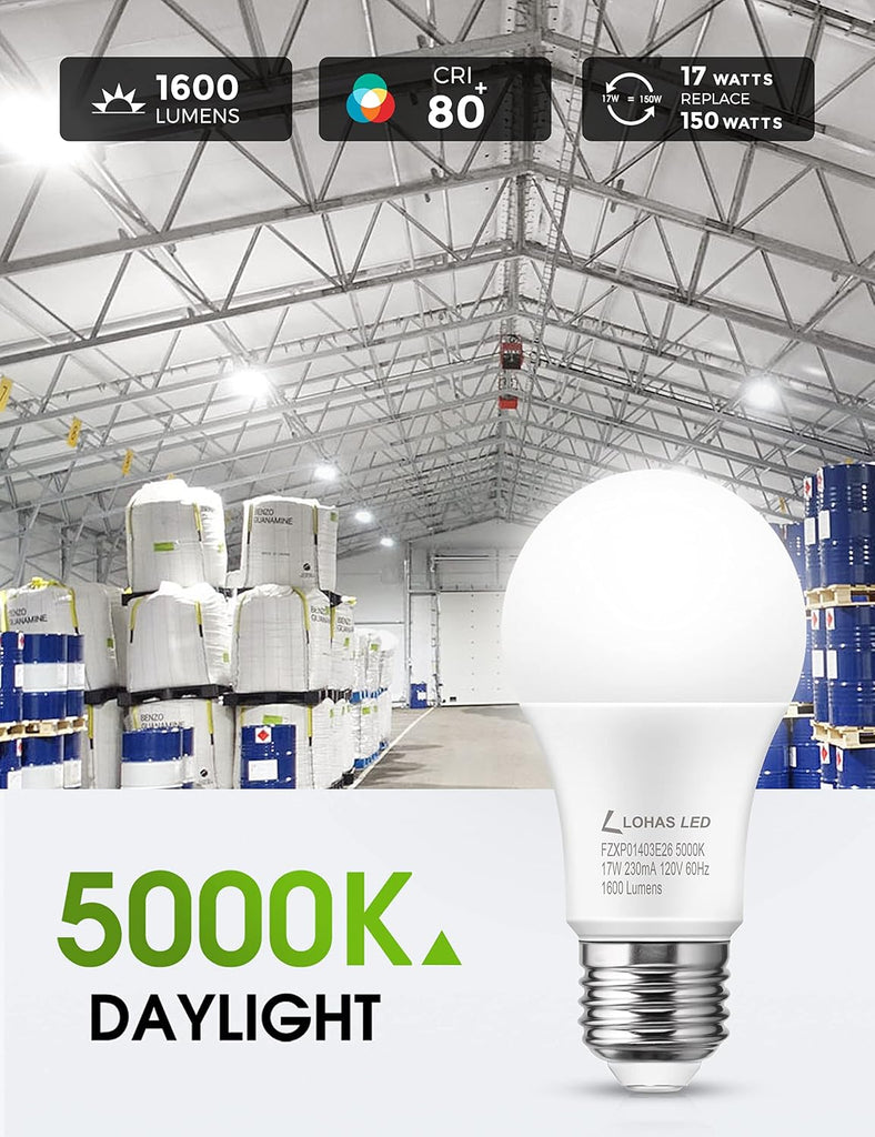 A19 LED Light Bulbs 150W Equivalent, 17 Watt Daylight White